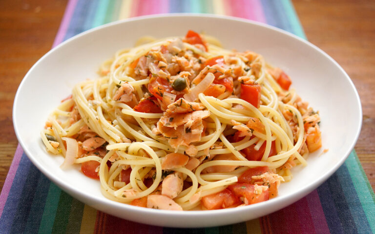 Spaghetti mit geräuchertem Lachs und Kapern, nachhaltige Fischerei