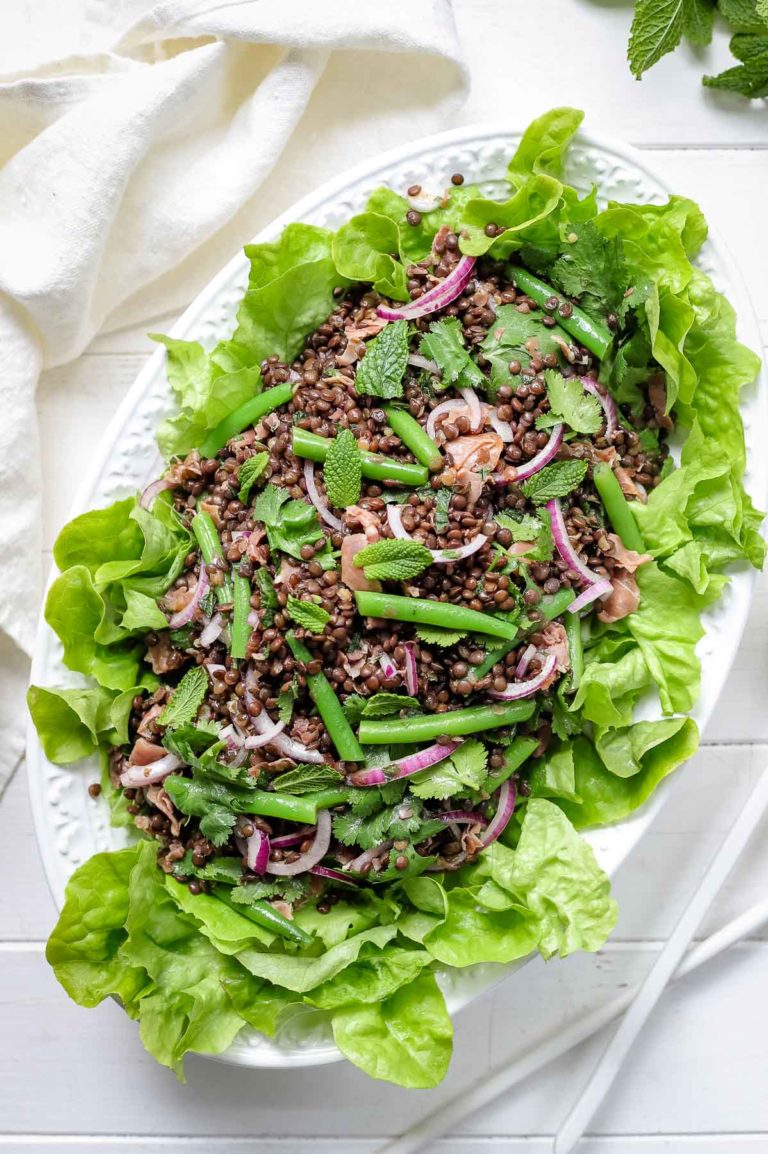 Beluga Linsen Salat mit grünen Bohnen & Zitrone-Minz-Dressing und ParmaschinkenRezept