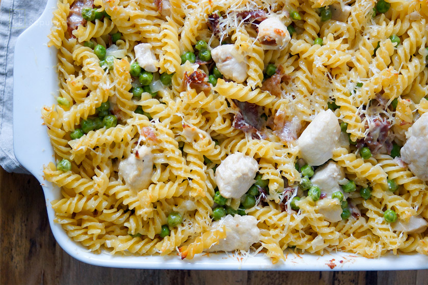 Nudelauflauf Rezept: Gebackene Pasta mit Huhn, Parmaschinken, Erbsen und Sahne