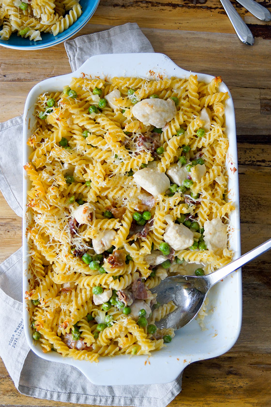 Nudelauflauf Rezept: Gebackene Pasta mit Huhn, Parmaschinken, Erbsen und Sahne