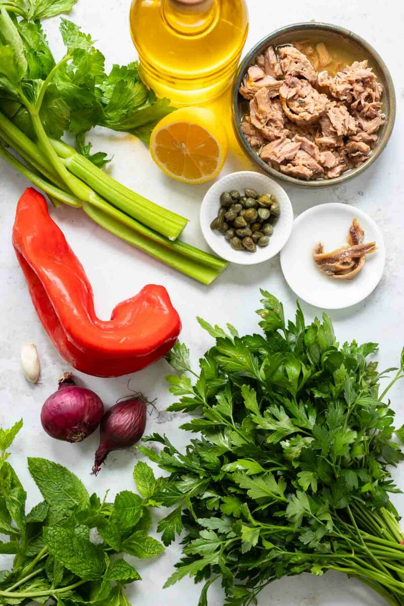 Zutaten für Thunfischsalat: Petersilie, Minze, Sellerie, Spitzpaprika, Sardellen, Kapern, Zitrone, Olivenöl und die rote Zwiebel - Schnell gemacht in 15 Minuten