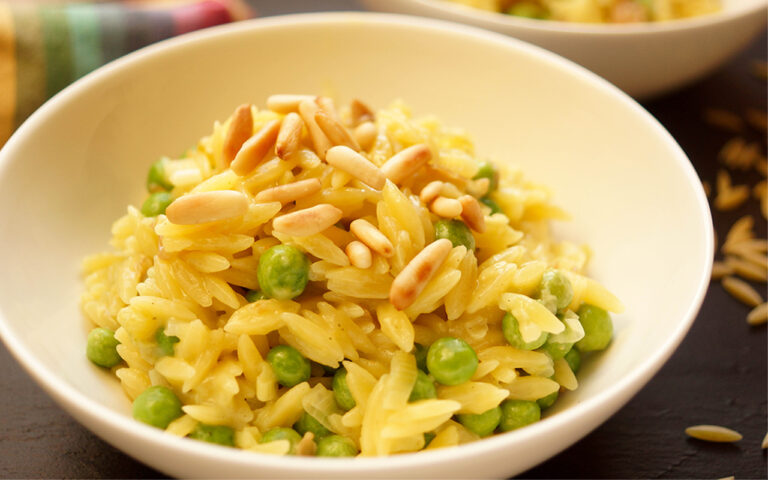 Orzo Risotto with Peas, Prosciutto and Pine Nuts