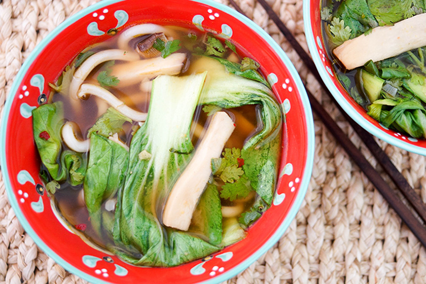 Klassische Asiatische Suppe mit Udon Nudeln Kräuterseitling, Austernpilze oder Shiitake-Pilze und Pak Choy, Vegetarisch, Vegan, Einfache, Schnelle Rezepte aus frischen Zutaten, Elle Republic
