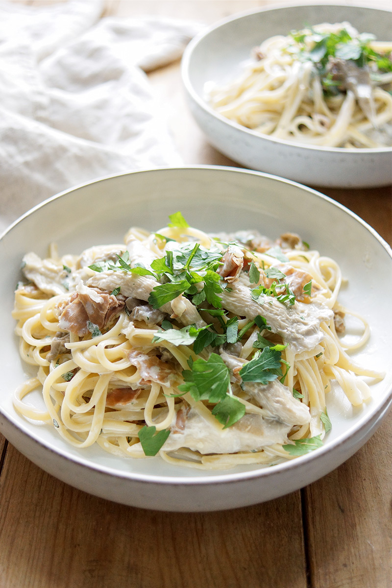 Linguine mit Austernpilzen, Parmaschinken und frischem Salbei, Mascarpone, Rezept