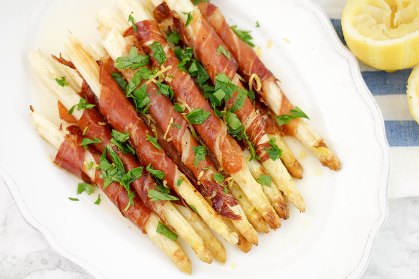 Prosciutto Wrapped White Asparagus with Zesty Lemon