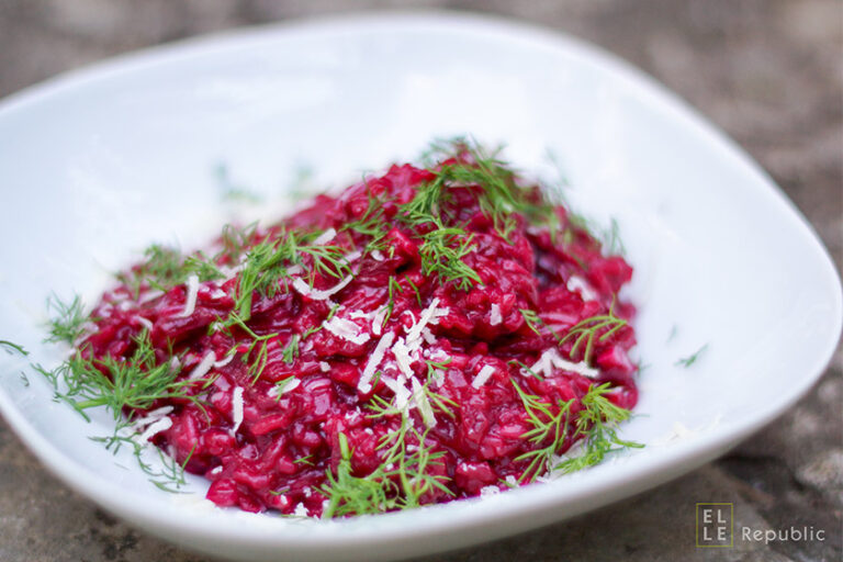 Rote Bete Risotto mit Parmesan, Rotwein, Gemüsebrühe, Dill, Gemüsebrühe und Limone