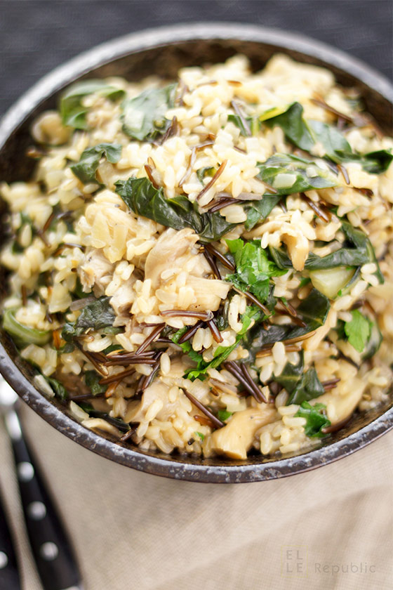 Vegetarische und veganer wilder Reis mit Austernpilzen und Mangold