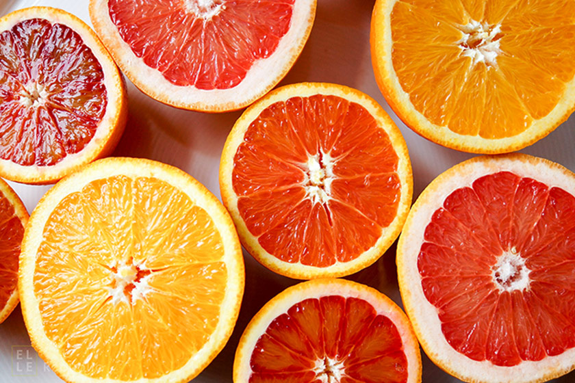Orangen, Blutorangen, Grapefruit, Zitrusfrüchte für Hautschutz