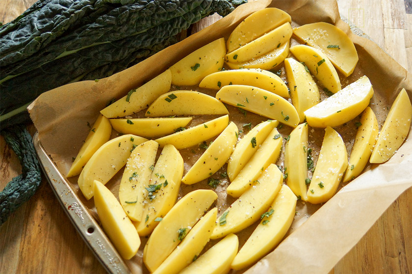 knusprige Kartoffelecken mit Schwarzkohl und Salbei, Vegan, Vegetarisch, Glutenfrei