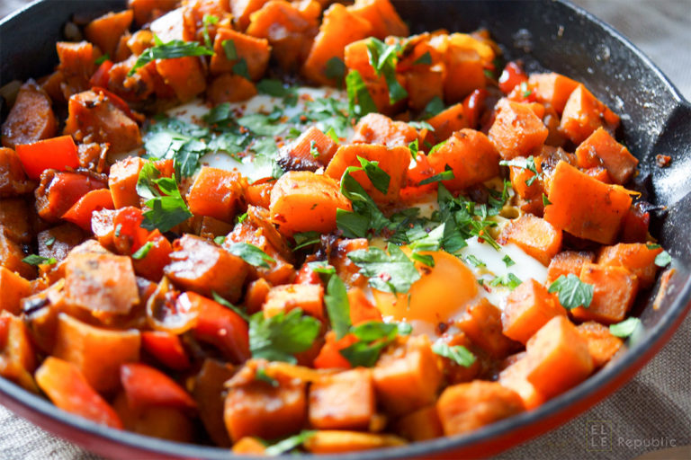 Süßkartoffel-Pfanne mit Ei, Brat-Süßkartoffeln, Gebratene Süßkartoffeln Rezept