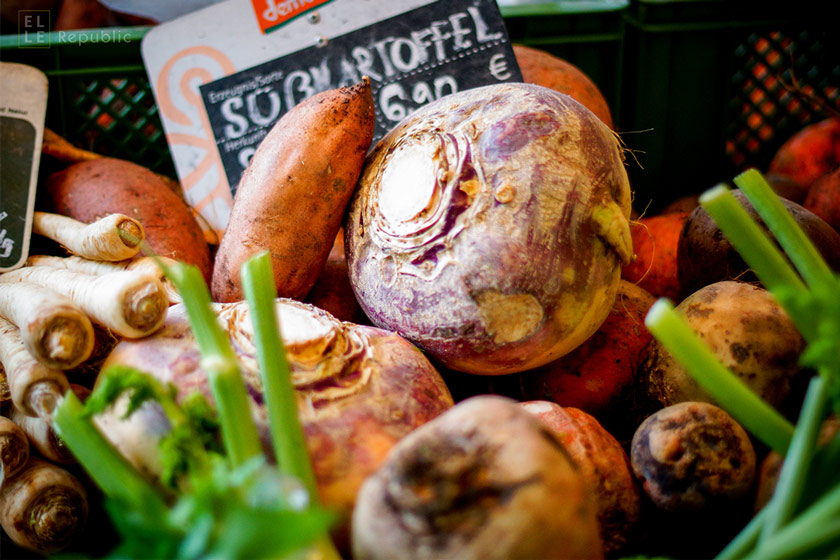 Leckeres Wintergemüse mit Rotkohl, Spitzkohl, Rosenkohl, Möhren, Äpfel, Winter Superfoods