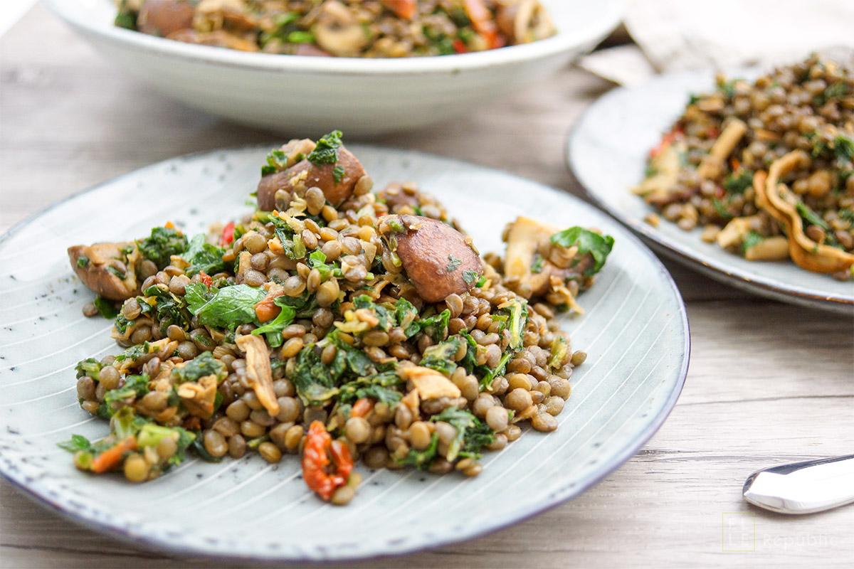 Linsenpfanne mit Pilzen und Grünkohl , Vegan, Vegetarisch, Gesund Rezept