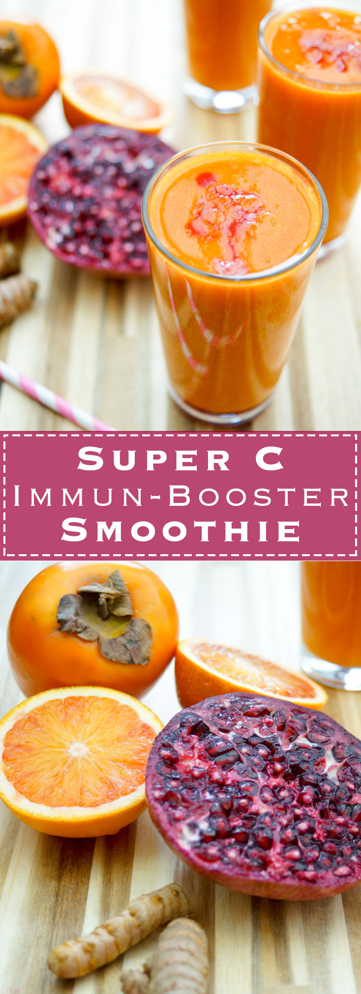 Gesunder Drink voller Vitamin C und Antioxidantien. Das liefern Zutaten wie Grapefruit, Blutorange, Zitrone, Granatapfel, Kaki und Kurkuma. Obst-Smoothie