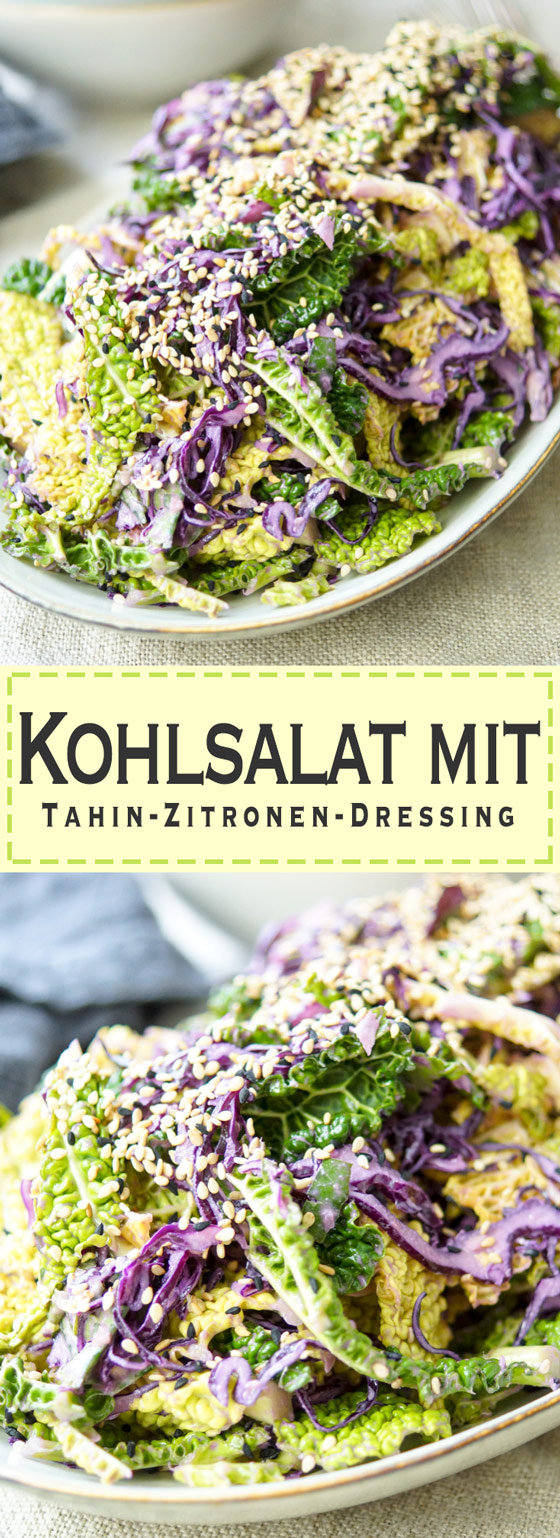 Gesunde Kohlsalat (Coleslaw) Rezept mit Tahin-Zitronen-Dressing. Schnell gemachte Beilage, die glutenfrei und vegan ist.