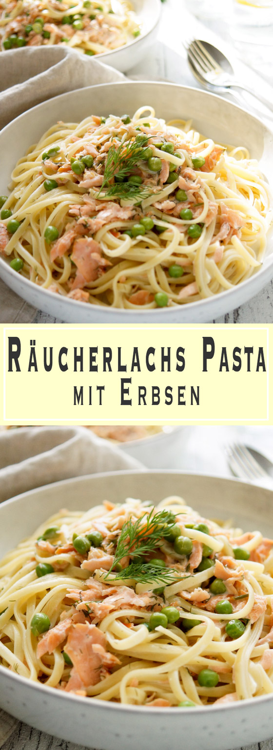 Rezept für cremige Crème Fraîche Räucherlachs Pasta mit Erbsen, Zitrone und Dill