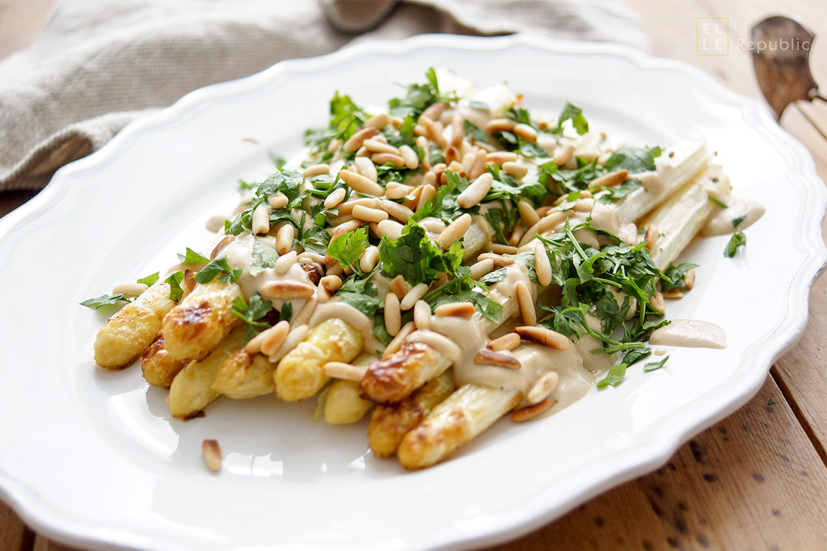 Roasted White Asparagus with Tahini-Lemon Sauce
