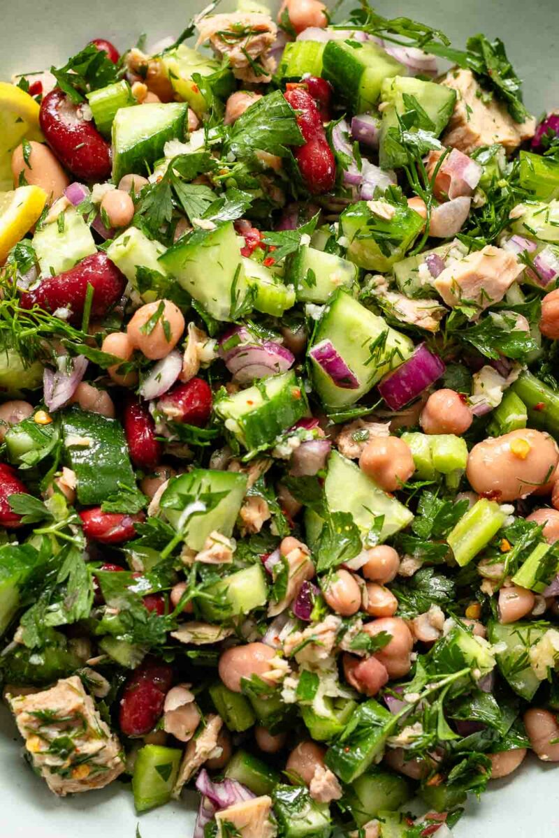 Close Up von Bohnensalat mit Thunfisch Rezept