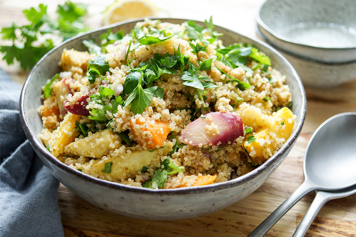 Geröstete Karotten, Pastinaken und Kichererbsen mit Quinoa Rezept, Vegan, Vegetarisch