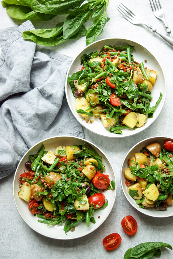Linsen-Kartoffelsalat mit Rechtsregulat-Vinaigrette, Veganes Rezept