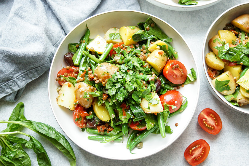 Linsen-Kartoffelsalat mit Rechtsregulat-Vinaigrette, Veganes Rezept