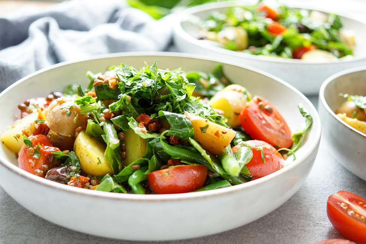 Linsen-Kartoffelsalat mit Rechtsregulat-Vinaigrette, Veganes Rezept