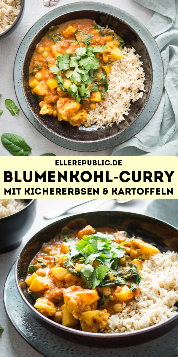 Vegane Rezept für Blumenkohl-Kartoffel-Curry mit Kichererbsen und Spinat,