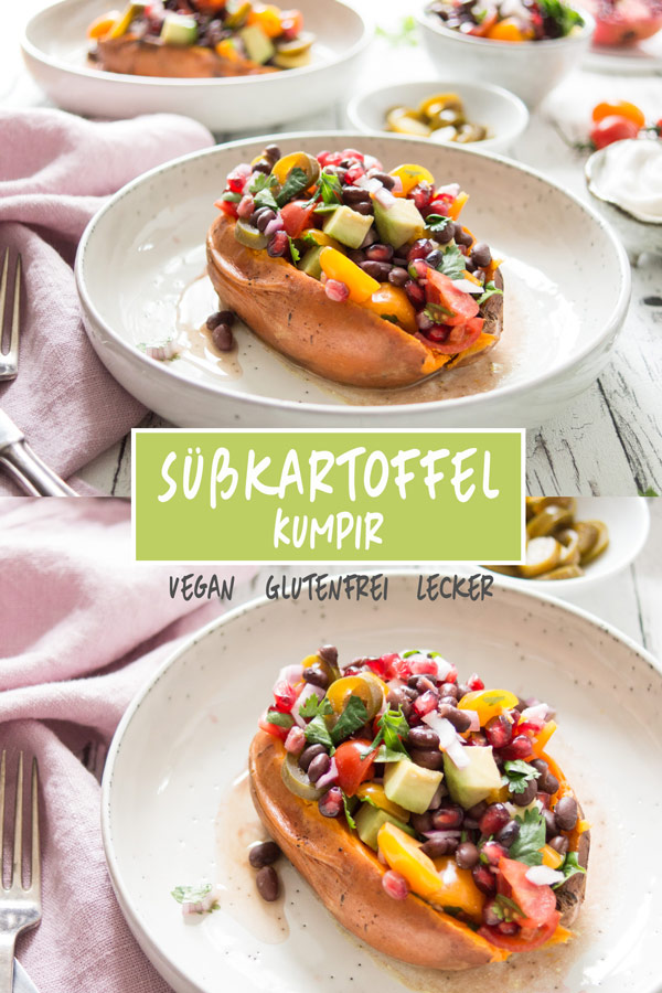 Vegane Süsskartoffel-Kumpir (Gefüllte Süßkartoffeln) mit schwarze Bohnen TexMex Salsa Rezept