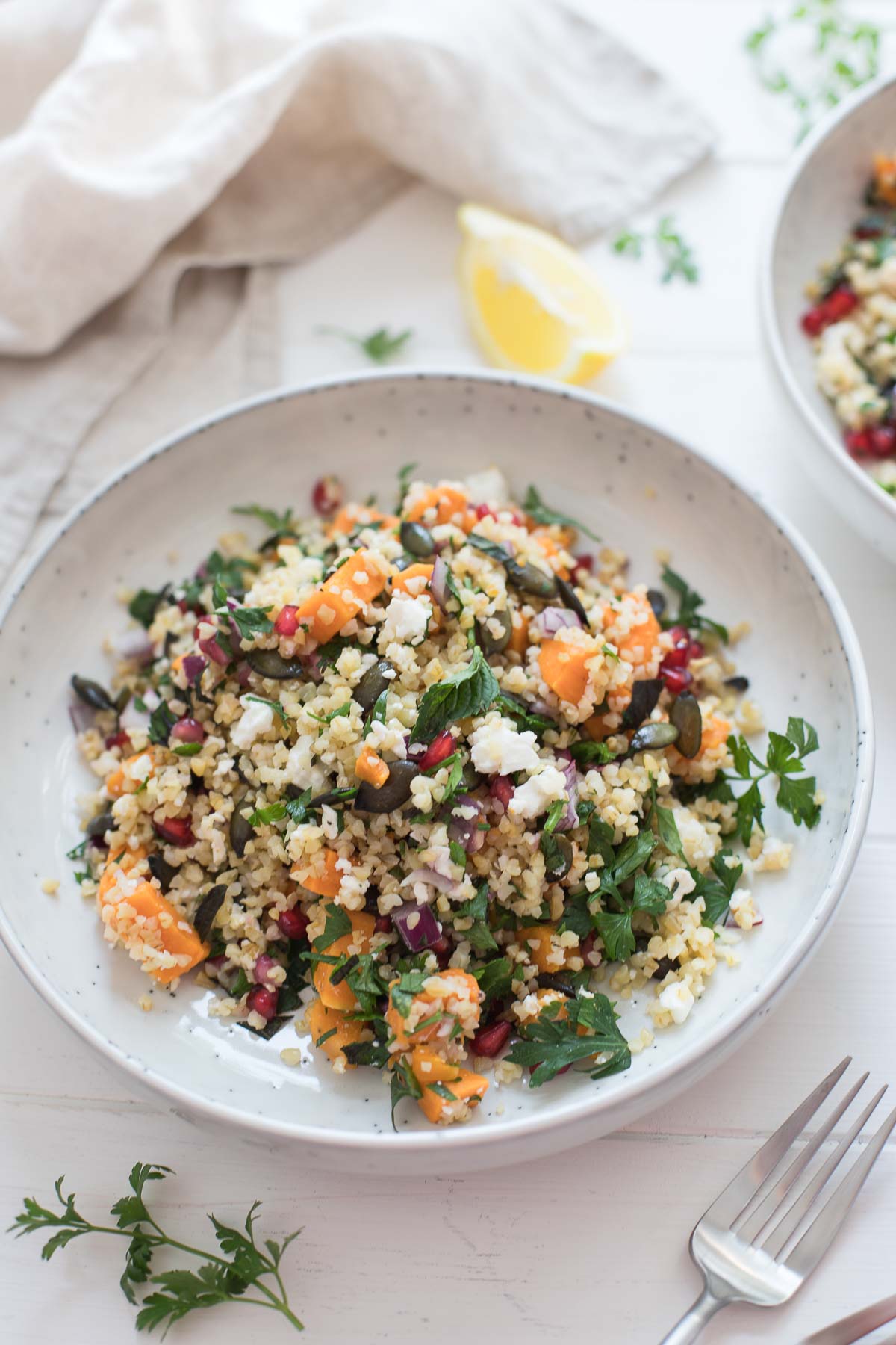 Tabouleh mit Süßkartoffel, Feta, Granatapfel und Kürbiskernen Rezept