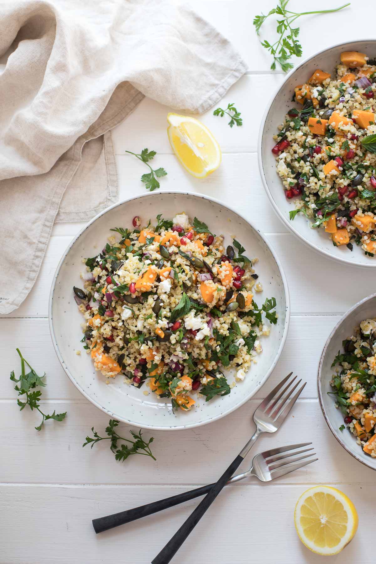 Tabouleh mit Süßkartoffel, Feta, Granatapfel und Kürbiskernen Rezept