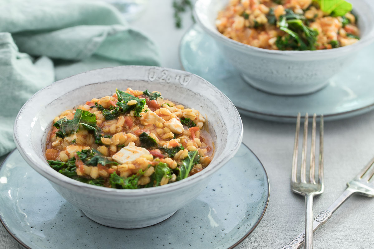 Gersten-Risotto mit Feta-Käse und Grünkohl Rezept