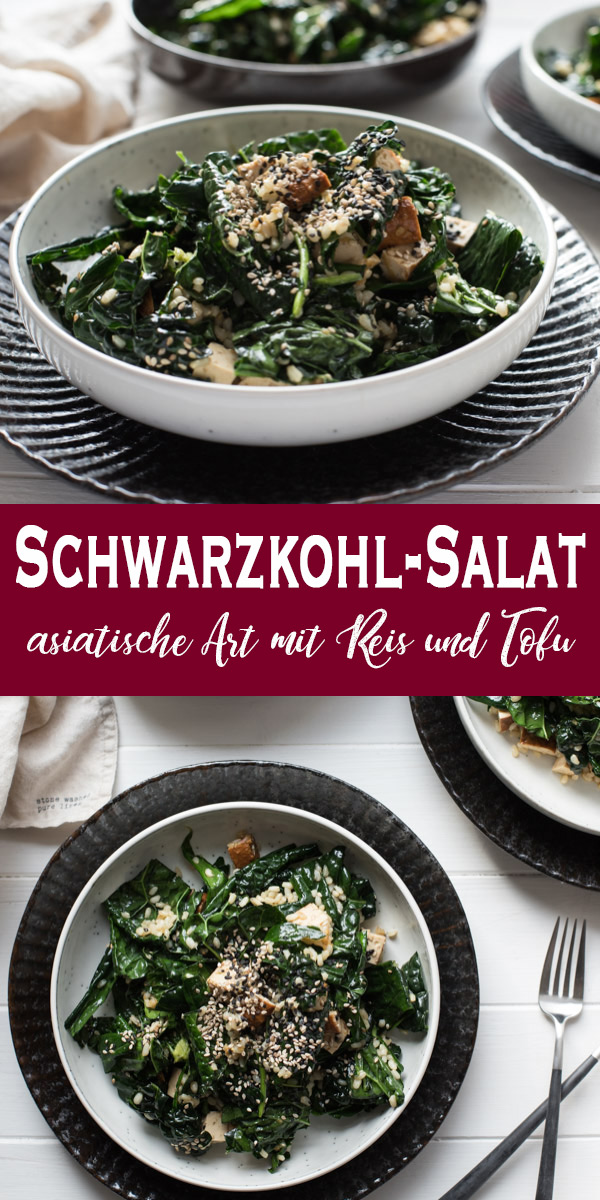 veganer Schwarzkohl-Salat asiatische Art mit Reis und Tofu Rezept
