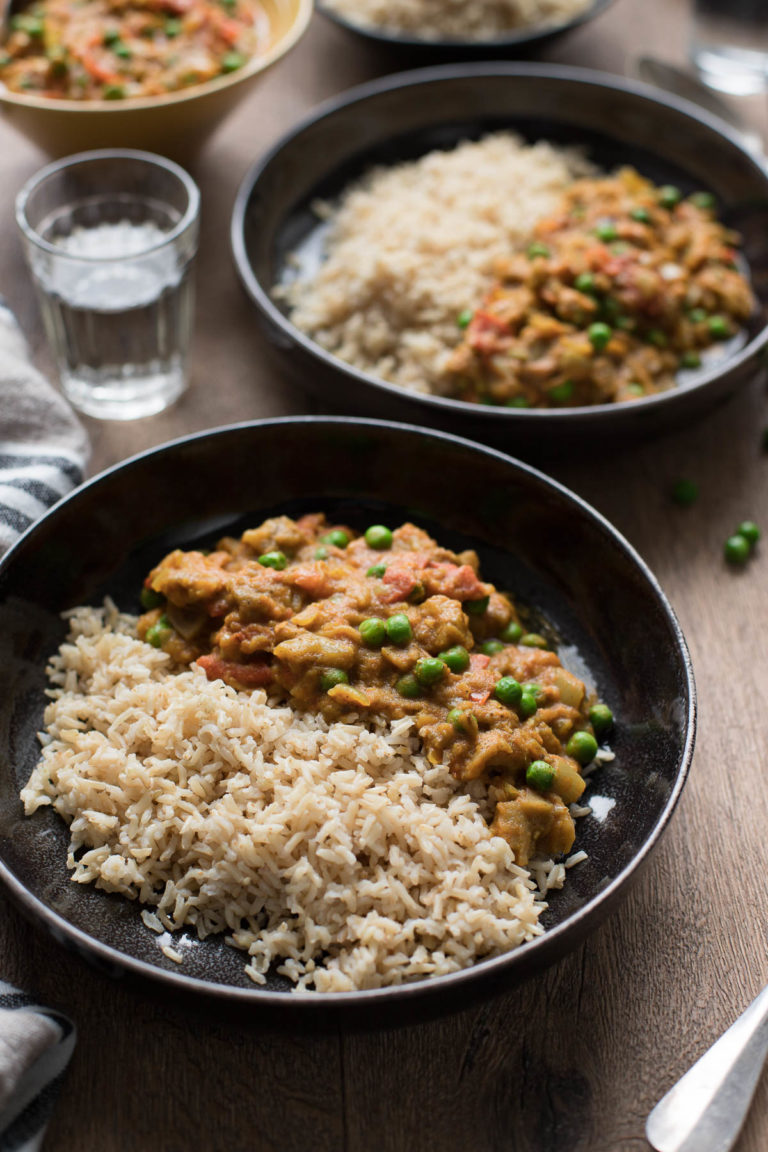 Spicy Indian Eggplant Curry, Aubergine Baingan Bharta with Basmati Rice
