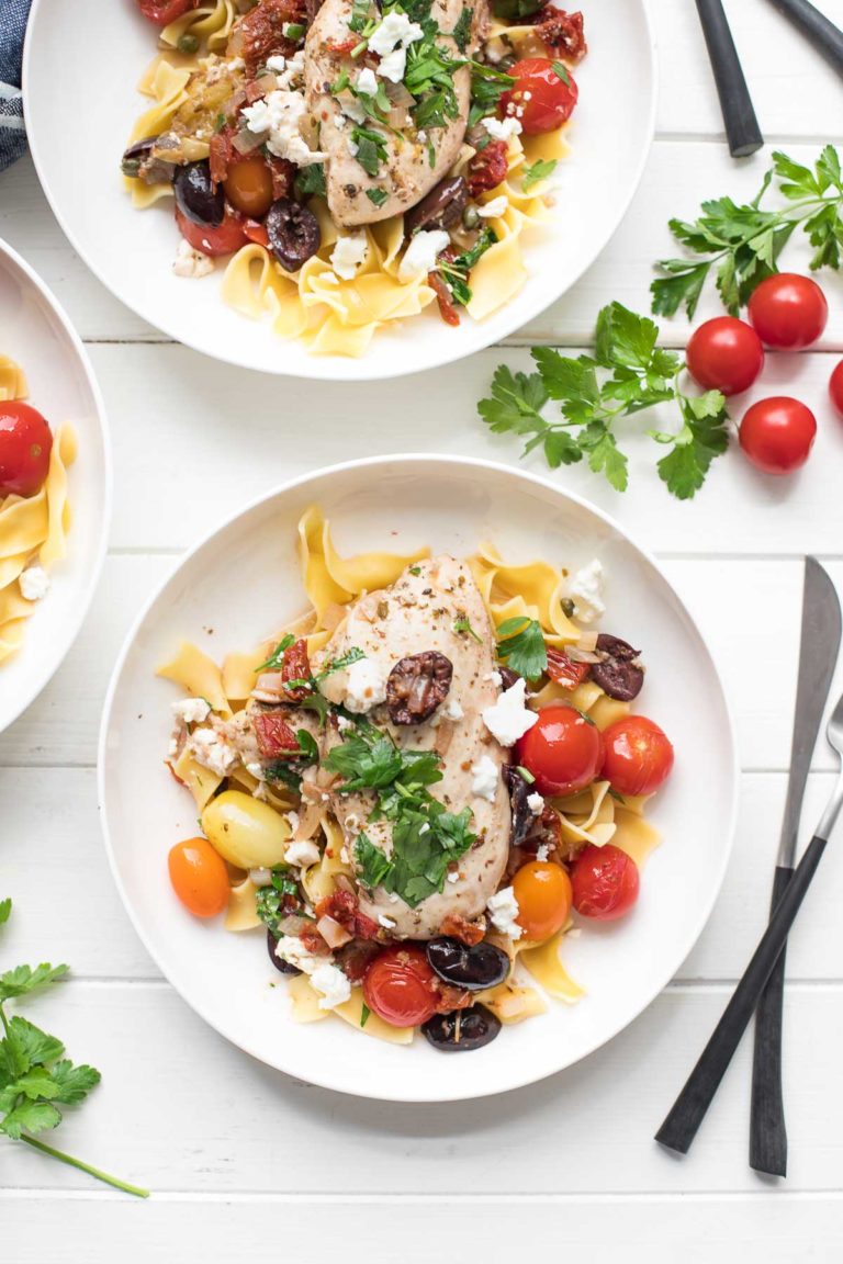 Mediterranean Chicken Skillet with olives, sun-dried tomatoes and egg noodles