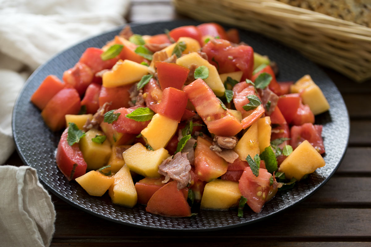 Tomato-Melon Salad with Crispy Prosciutto & Mint