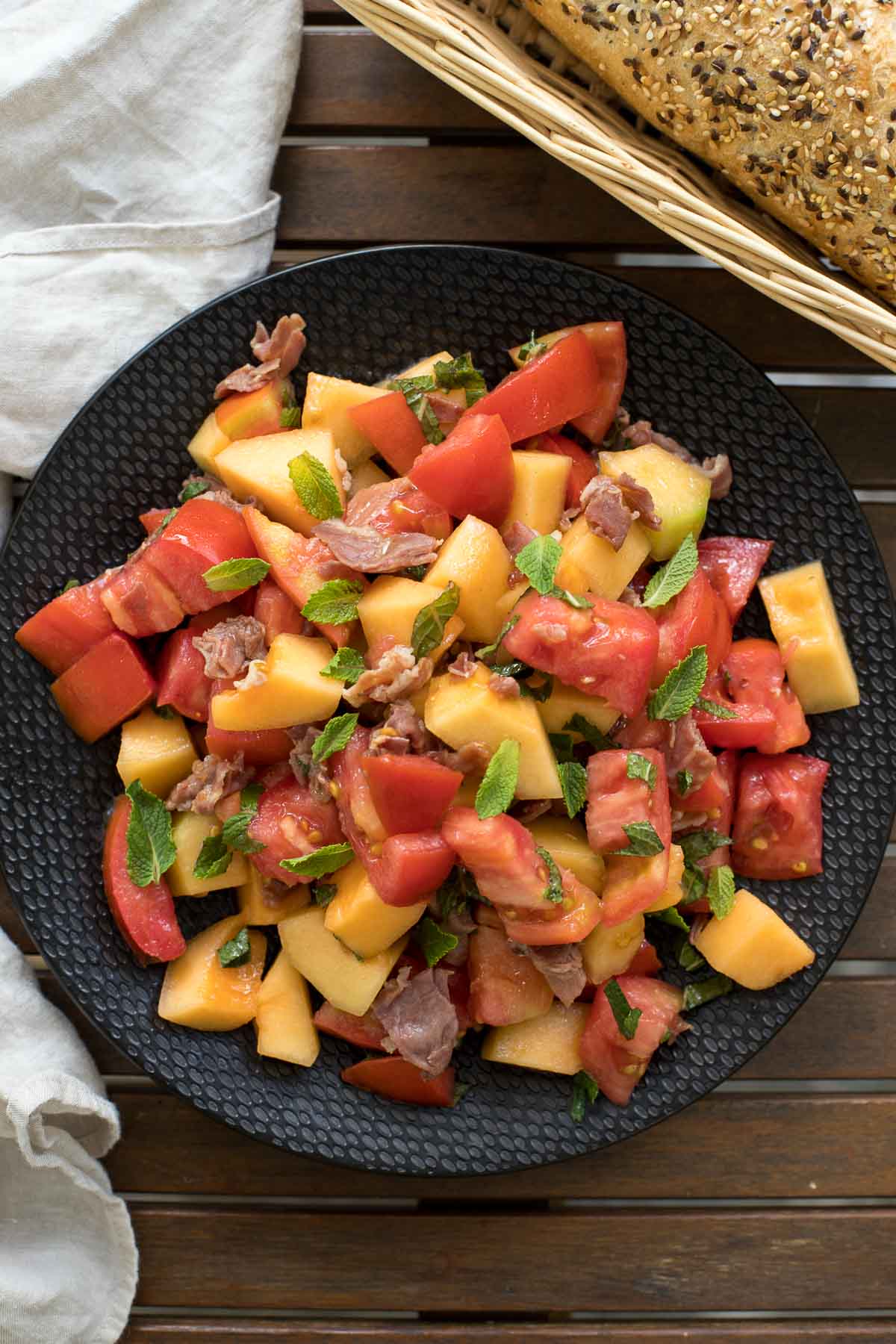 Tomato-Melon Salad with Crispy Prosciutto & Mint