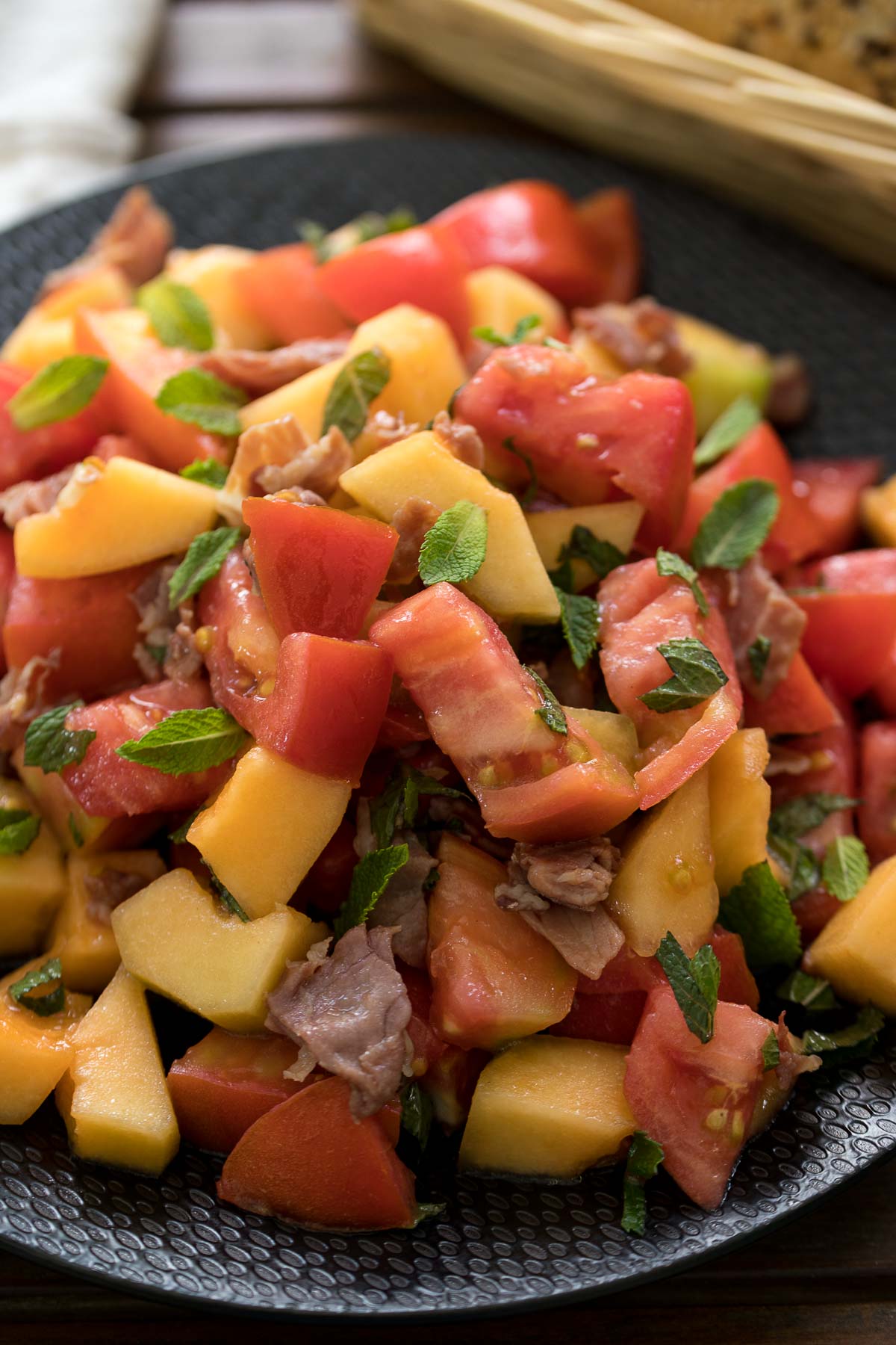 Tomato-Melon Salad with Crispy Prosciutto & Mint