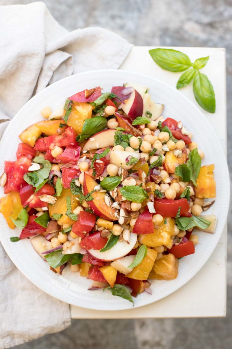 Tomato Nectarine Salad with Chickpeas, Almonds & Herbs