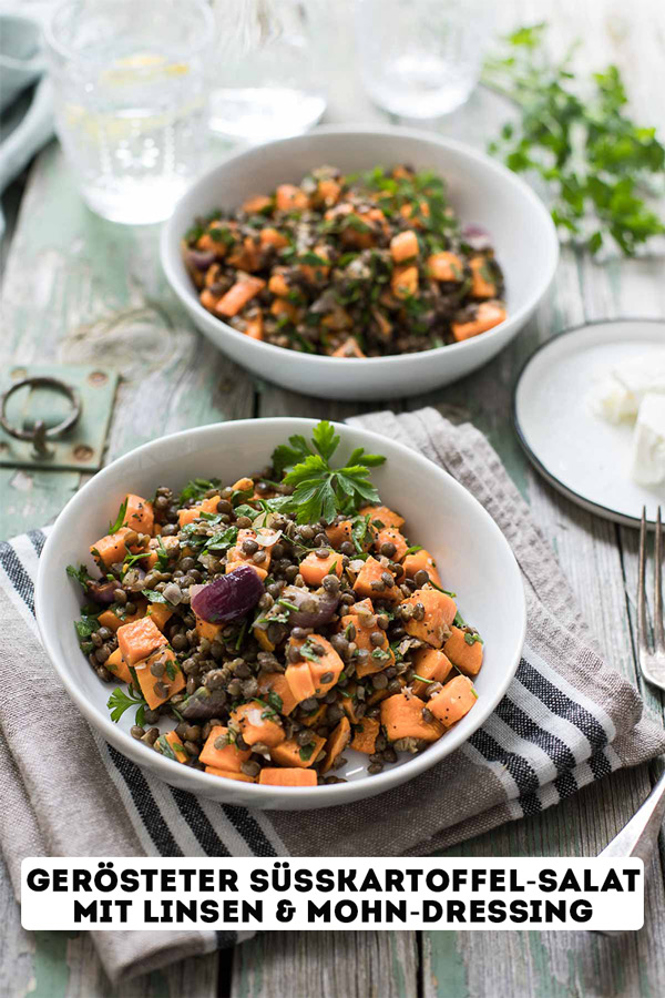Gerösteter Süßkartoffel-Salat mit Linsen und Mohn-Dressing Rezept