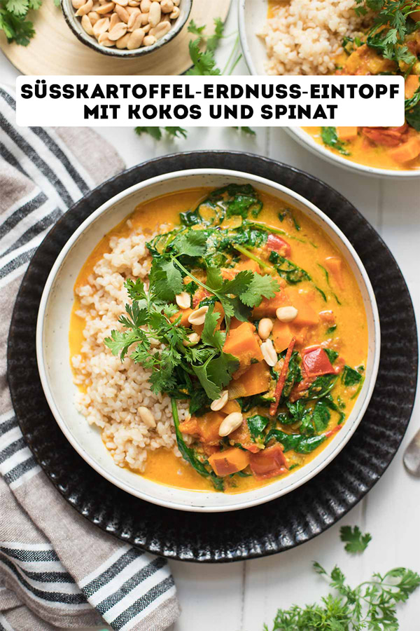 Süßkartoffel-Erdnuss-Eintopf mit Kokos und Spinat Rezept