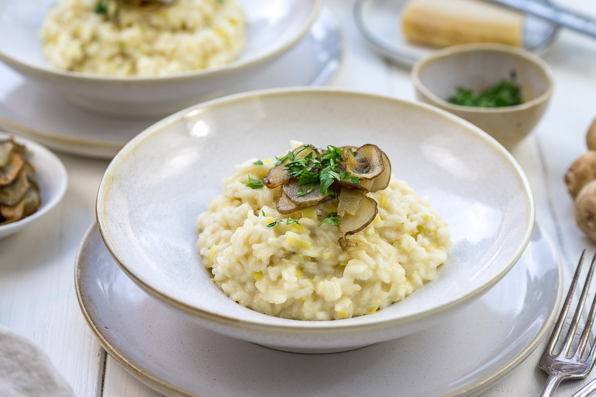 Lauch-Risotto mit gebratener Topinambur-Topping Rezept