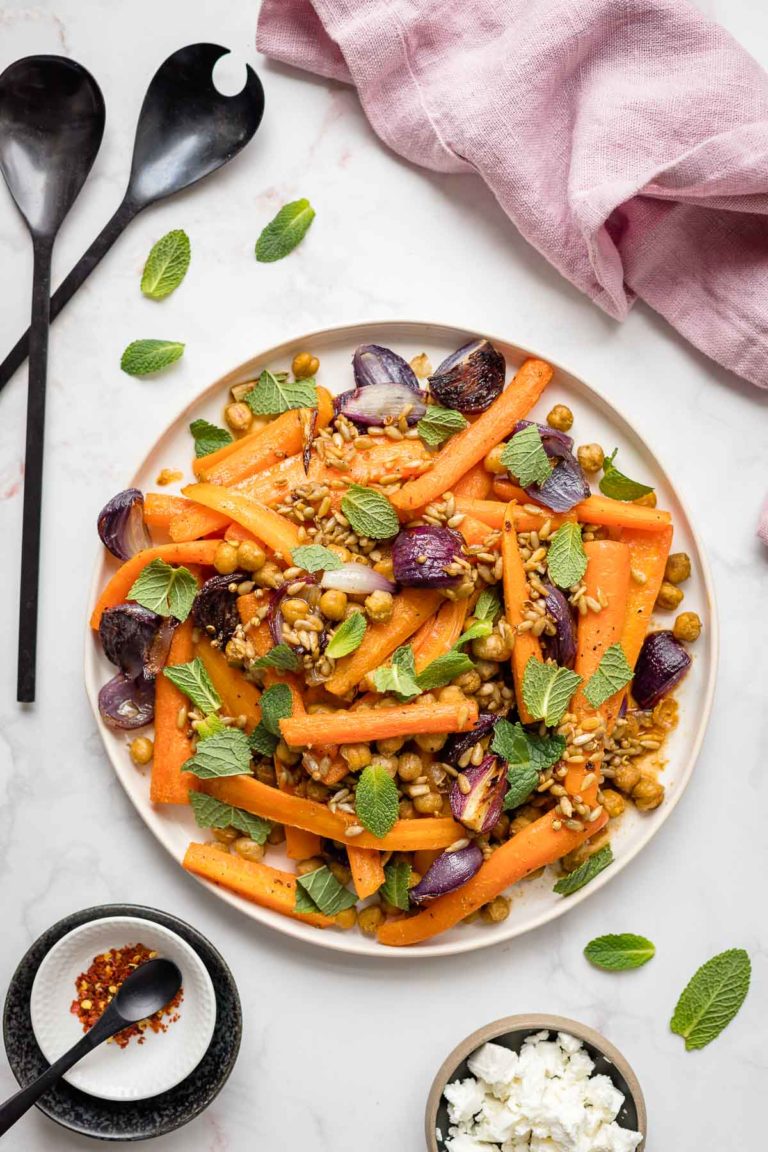 Roasted Carrots with Chickpeas, Red Onion & Mint