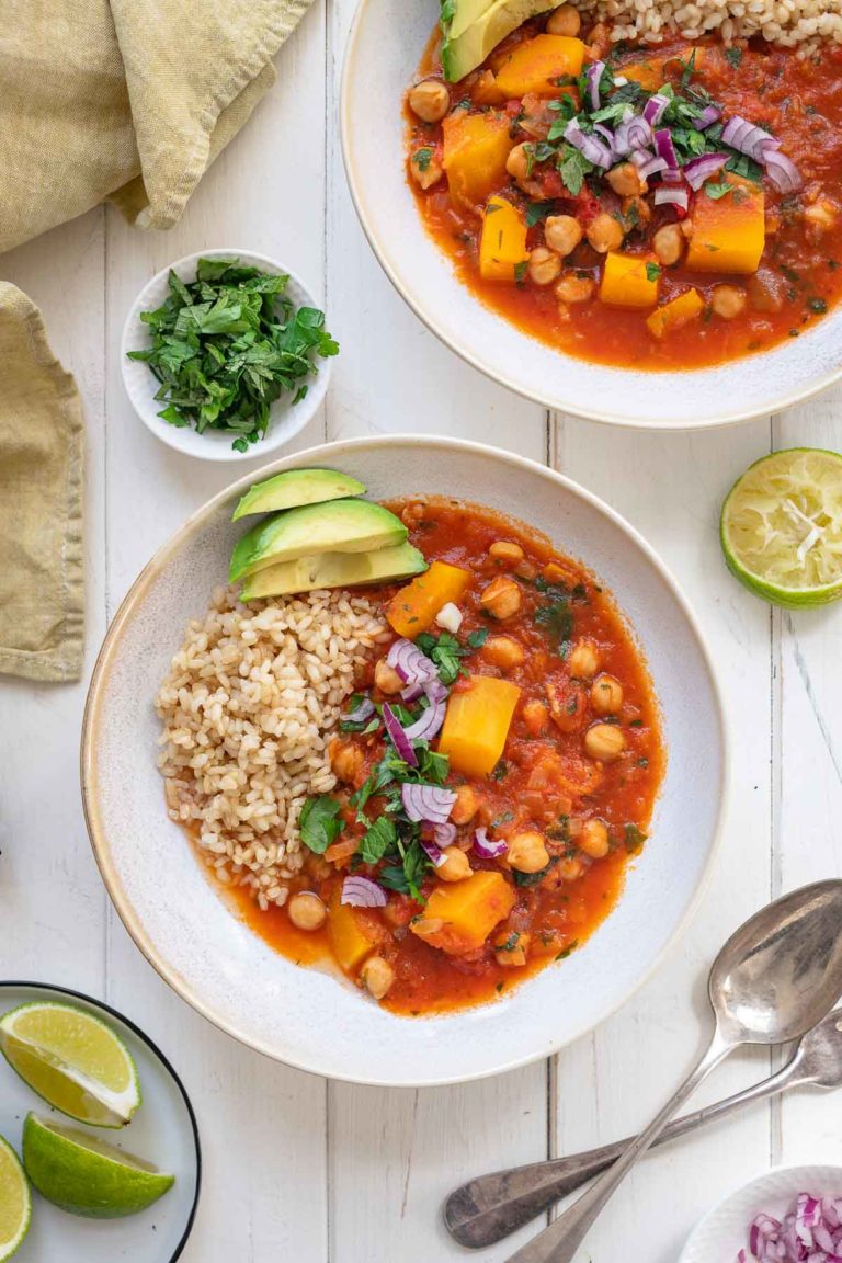 Kürbiseintopf mit Kichererbsen, vegetarisch Rezept mit Reis