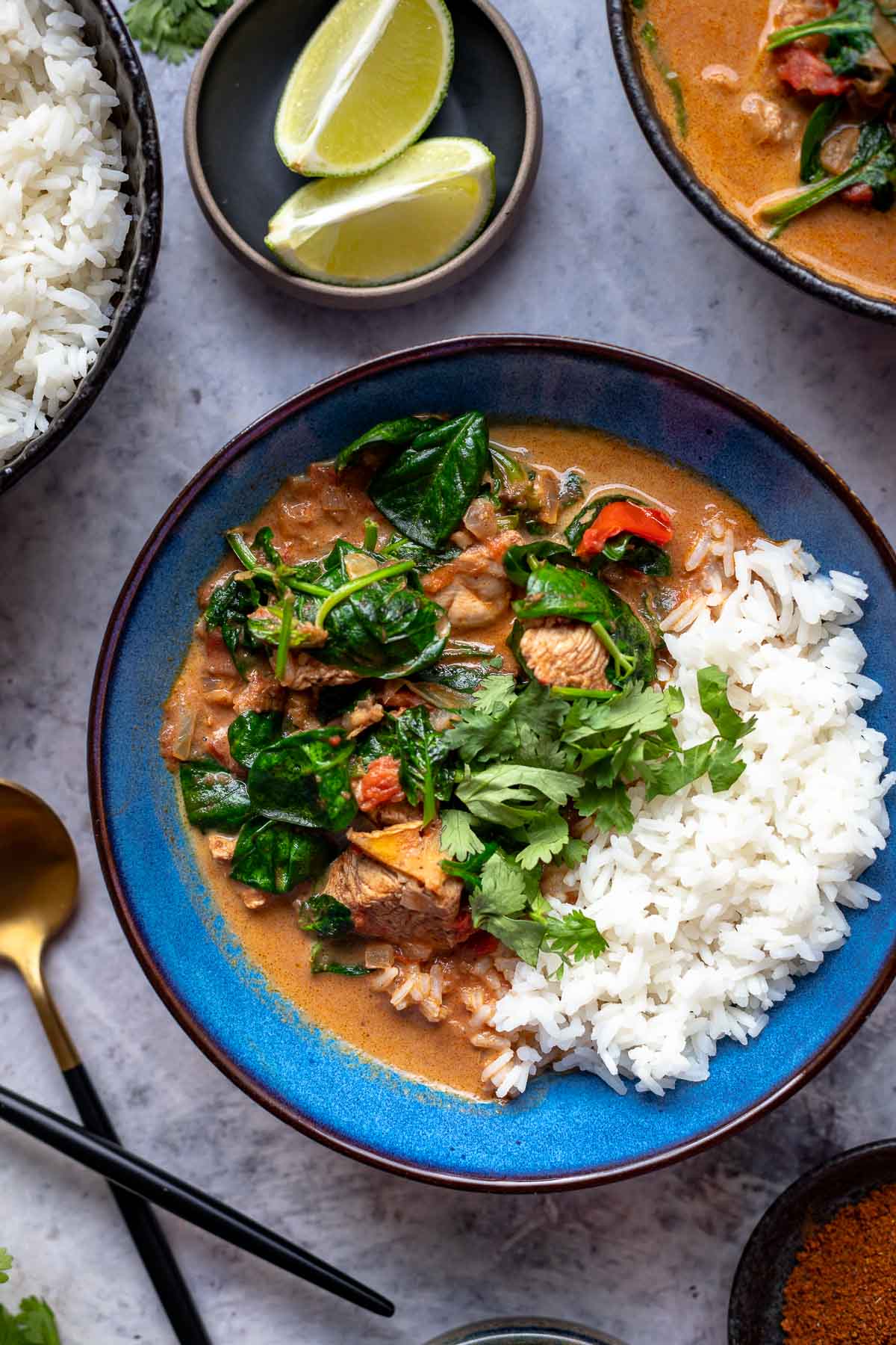 Einfaches Hähnchen Curry Rezept mit Spinat und Reis (Mild)