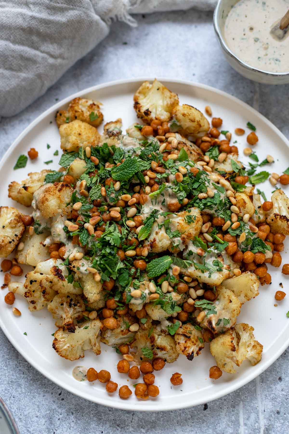 Roasted Cauliflower and Chickpeas with Tahini Dressing