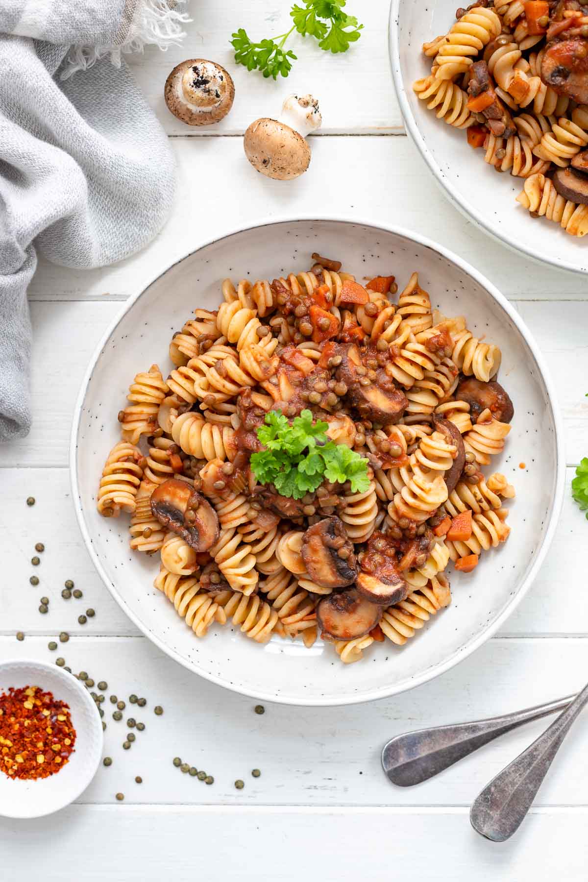 Linsen Pilzragout mit Pasta (veganes Rezept)