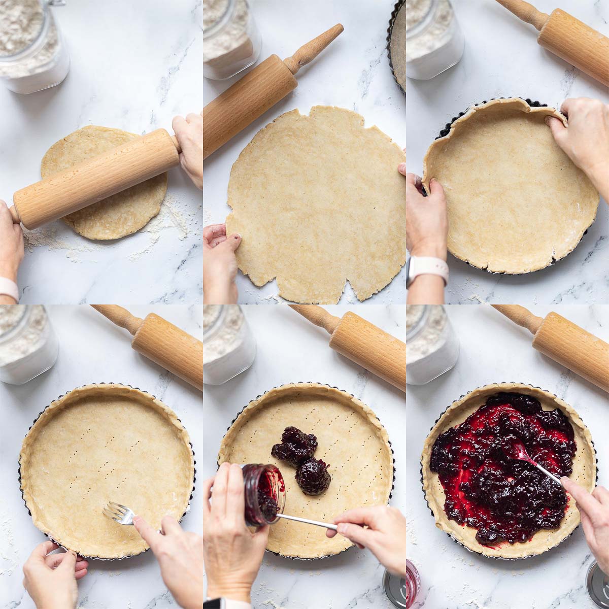 Schritt 2: Form vorbereiten
Teig ausrollen, in die gefettete Form legen und mit Marmelade bestreichen.
Linzertorte vorbereiten schritt für schritt