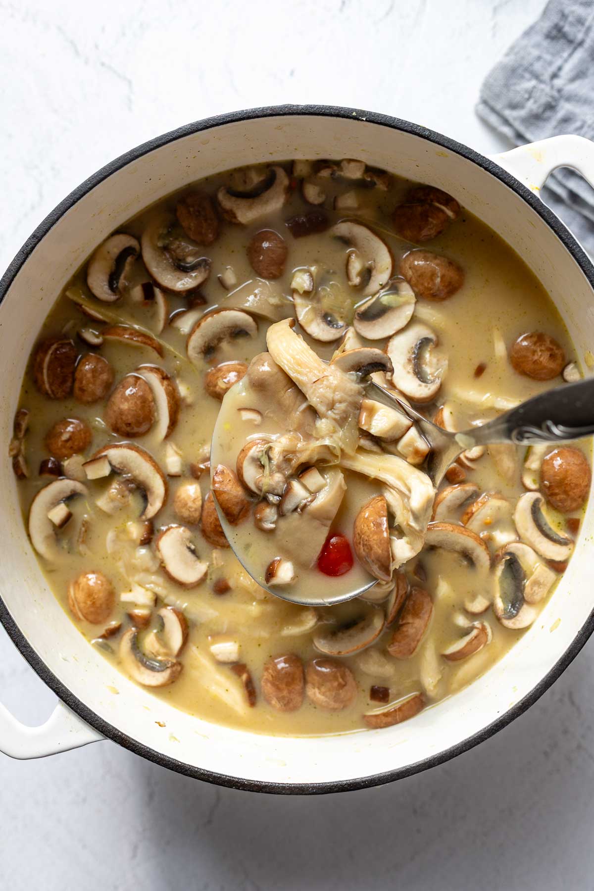 Vegane Thai Suppe mit Pilze und Tofu im Topf