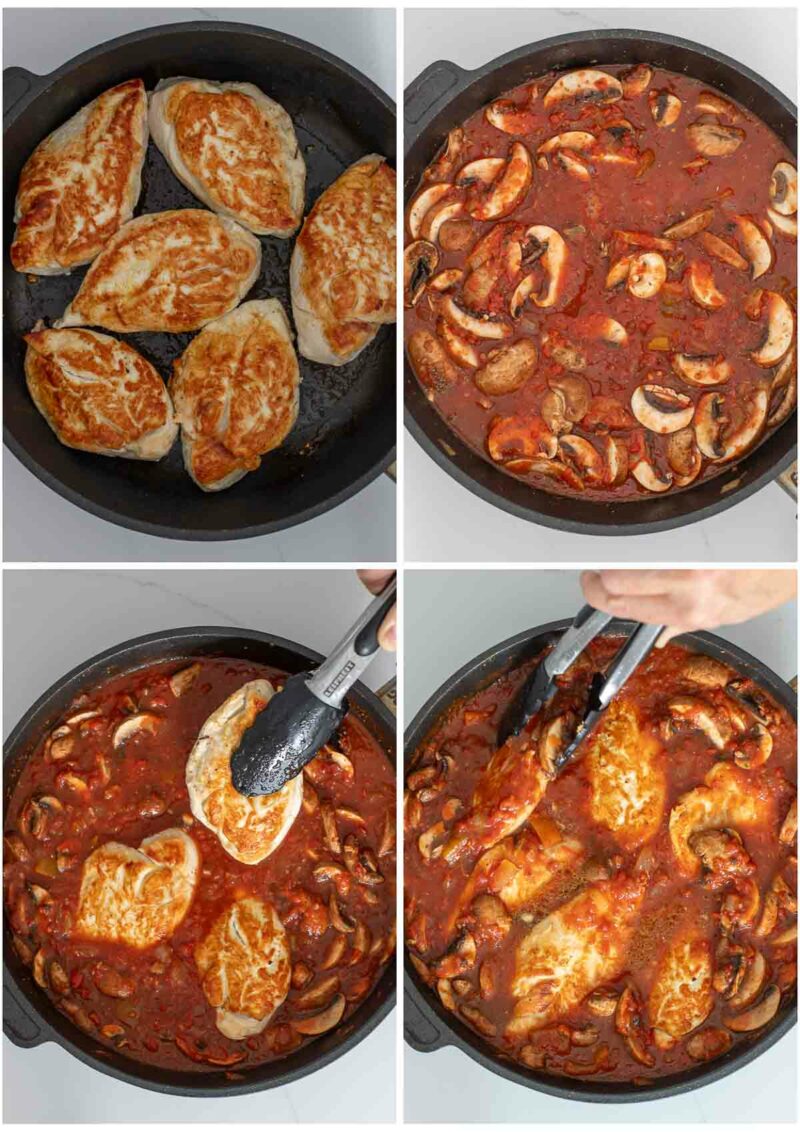 Vorbereitungs-Schritte für Pollo alla Cacciatora (italienische Hähnchenpfanne)