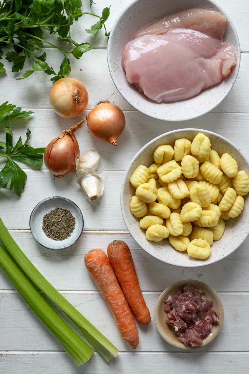 Ingredients for Chicken soups with vegetables and Gnocchi