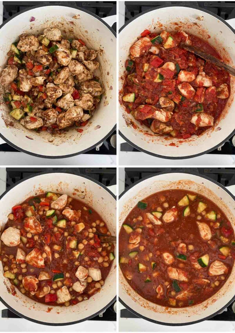 Vorbereitungsschritte für Hähnchen Chili griechische Art mit Kichererbsen und Feta